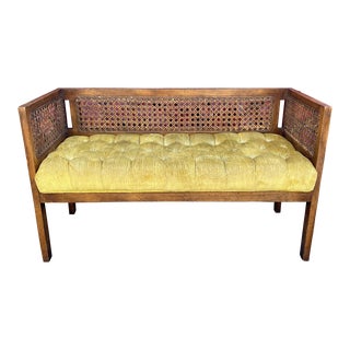 Mid Century Cane Back Bench With Tufted Velvet Upholstery For Sale