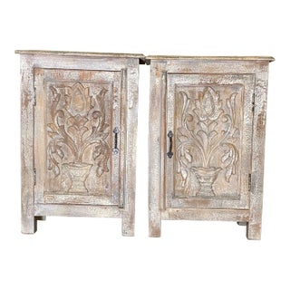 Pair Painted & Distressed Carved Cabinets with Shelf For Sale