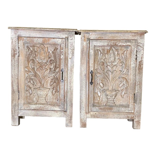 Pair Painted & Distressed Carved Cabinets with Shelf For Sale