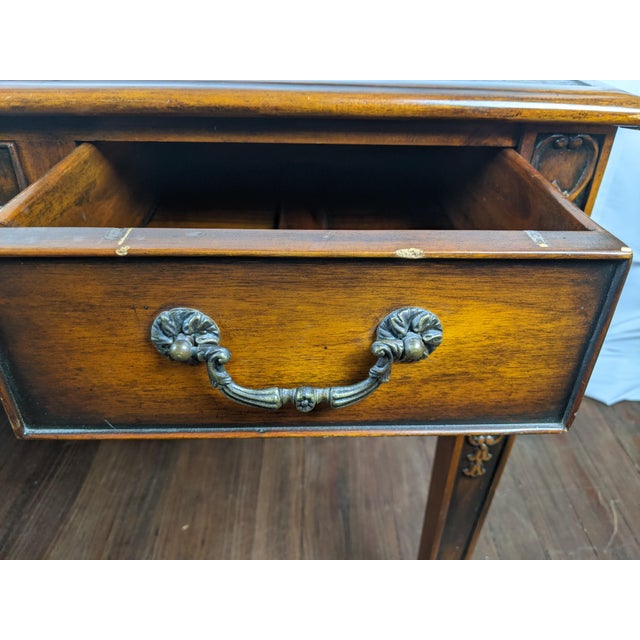 Late 20th Century Theodore Alexander Regency Style Mahogany & Leather Writing Desk With Carved Ribbon Motif Legs For Sale - Image 13 of 18