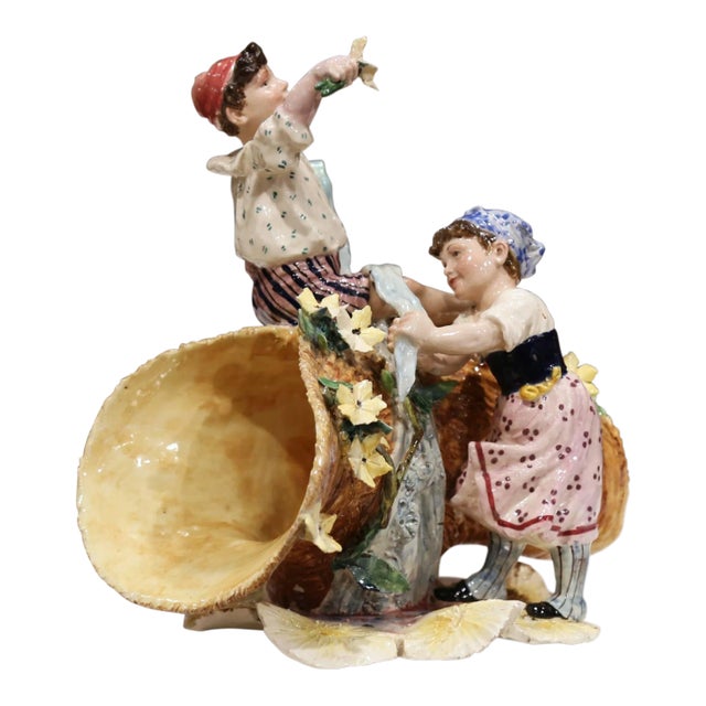 Early 20th Century French Painted Porcelain Barbotine Vase With Children Figures For Sale