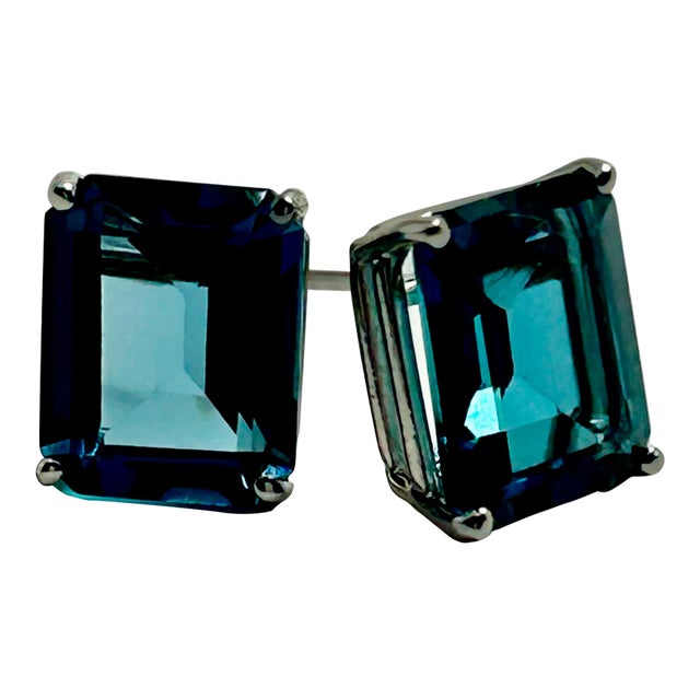 14k White Gold & Emerald Cut London Blue Topaz Earrings - 2 Pieces For Sale