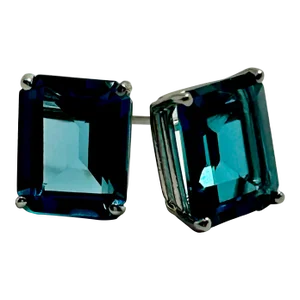 14k White Gold & Emerald Cut London Blue Topaz Earrings - 2 Pieces