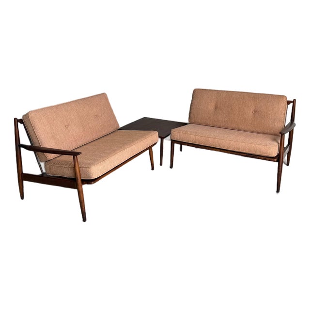 Mid Century Walnut Sofa Set Loveseat Pair + Coffee Table 3 Piece For Sale