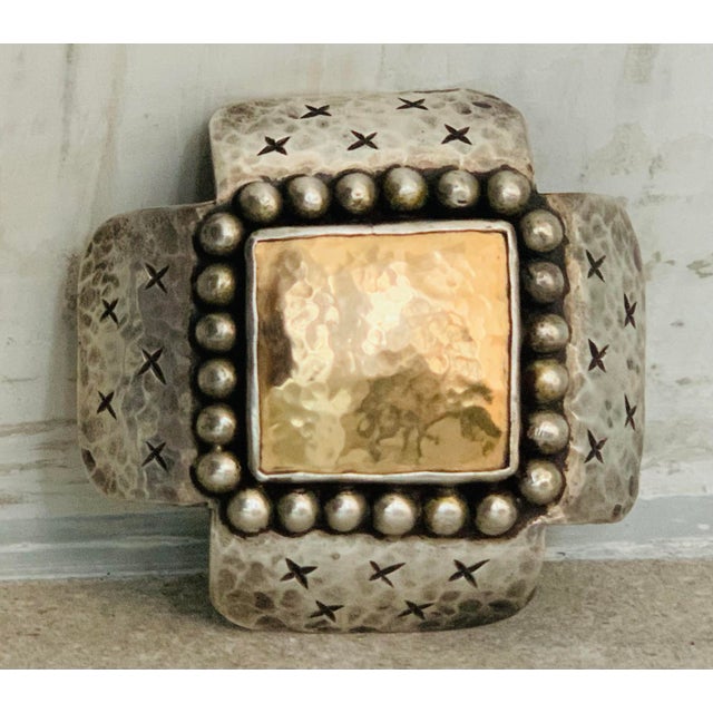 Silver 1980’s Dian Malouf Oxidized Sterling & 14k Gold Hammered ‘Signature’ Cross Pin/Brooch, With Beaded Silver Frame & Incised Cross Pattern For Sale - Image 8 of 12