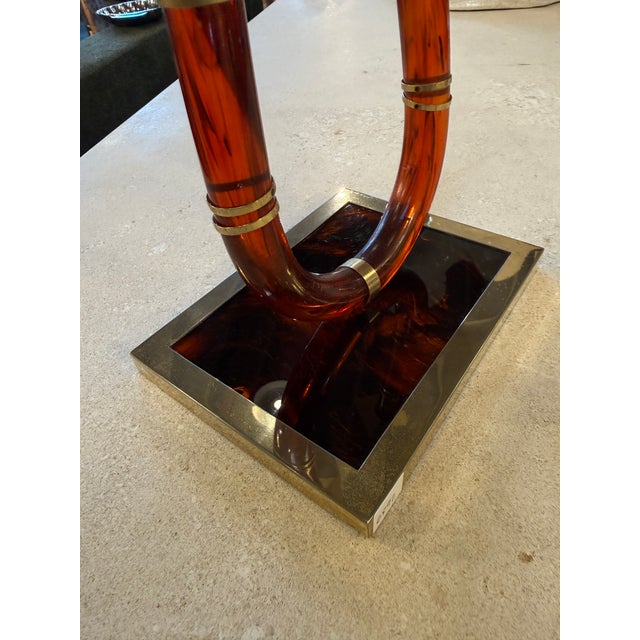 Italian Tortoiseshell Lucite and Brass Double Candlestick, 1970s For Sale - Image 4 of 7