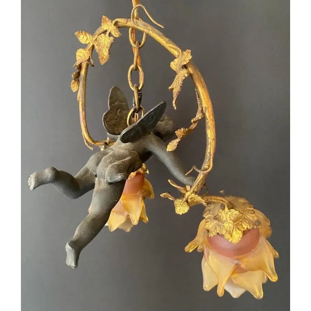 French Art Nouveau Bonze Flying Putto Cherub & Lalique Frosted Glass Tulip Shades For Sale - Image 9 of 11