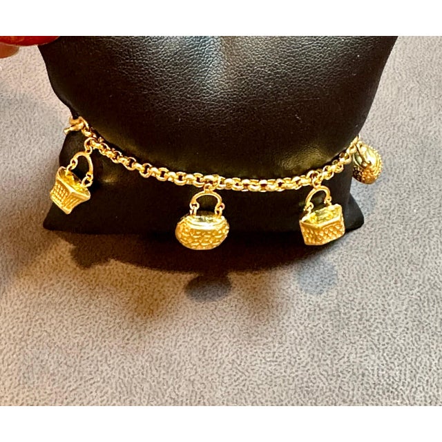 Arts & Crafts 24 Karat Yellow Pure Gold 15.5 Gm Charm Bracelet with 7 Basket Charms For Sale - Image 3 of 18