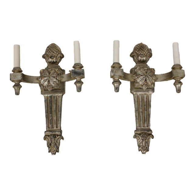 Pair Silver Gilt Wood Italian Lighted Wall Sconces For Sale