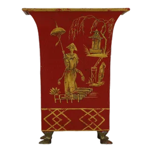 Vintage Neoclassical Tole Red Gilded Chinoiserie Flower Pot/Wastebasket,