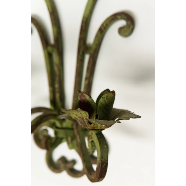French Country Verdigris Wrought Iron Wall Sconce Candle Holders a Pair For Sale - Image 3 of 9