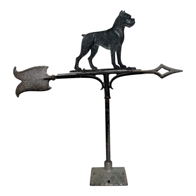 Large Antique Cast Iron Boxer Dog Weathervane – Directional Arrow Design – Americana / Industrial / Farmhouse Decor For Sale