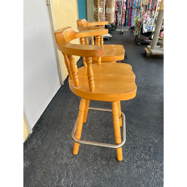 1960s Solid Wood Swivel Captain’s Bar Stools Set of 2 For Sale In West Palm - Image 6 of 6