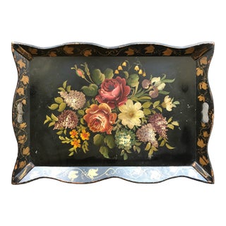 Vintage 1940s French Country Style Hand-Painted Floral Wooden Serving Tray For Sale