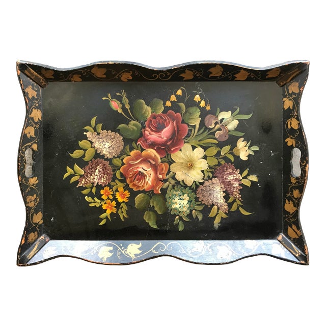 Vintage 1940s French Country Style Hand-Painted Floral Wooden Serving Tray For Sale