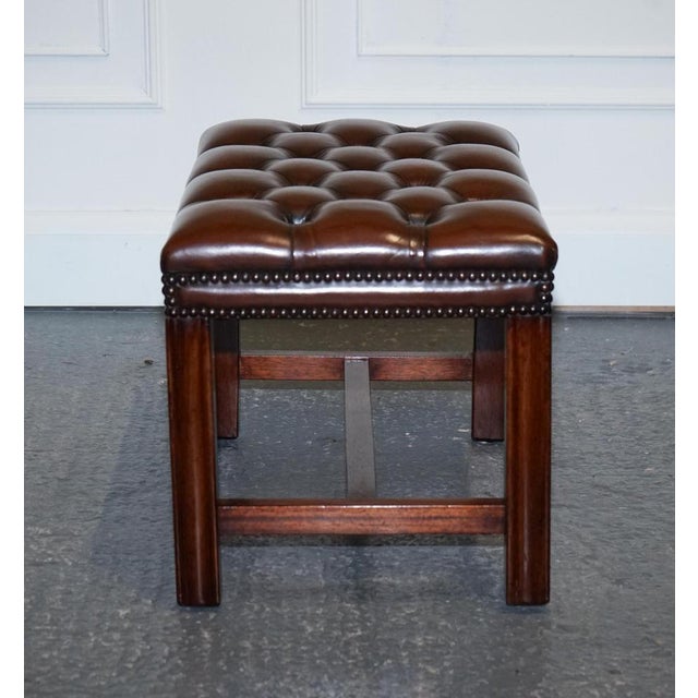 Vintage Chesterfield Hand Dyed Brown Leather Tuffed Footstool For Sale - Image 11 of 18