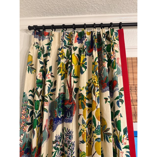 Scarlet Pair of Schumacher Citrus Garden Window Panels in Color Primary. Custom Trim Added to Inside Portion of the Panel For Sale - Image 8 of 10