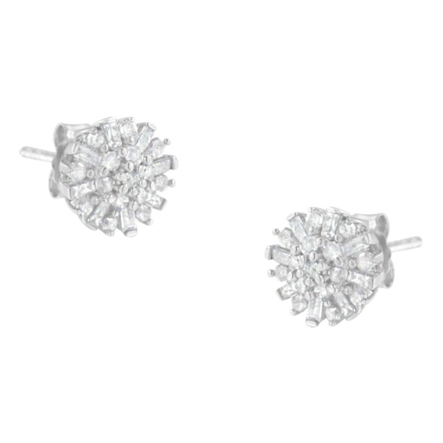 .925 Sterling Silver 1/2 Round and Baguette Diamond Sunburst Floral Cluster Stud Earrings (I-J Color For Sale