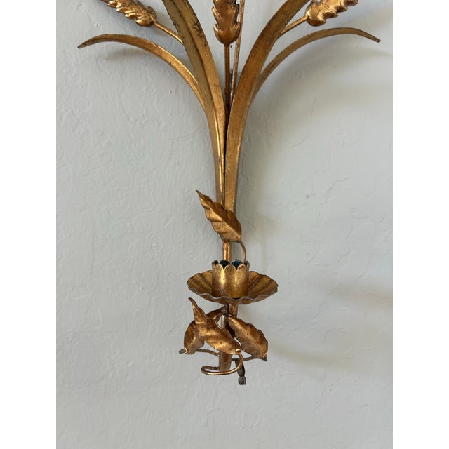 Gilded tole wall candle sconce from Italy. Mid century. Single candle 17” x 11” x 4” deep Metal Italy tag still intact