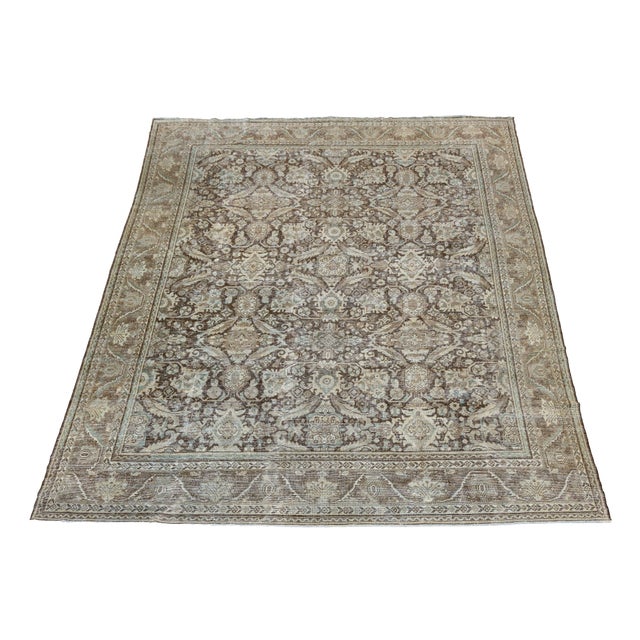 Antique Mahal Hand-Knotted Wool Rug in Neutral Mocha, Espresso, & Ice Blue For Sale - Image 11 of 12