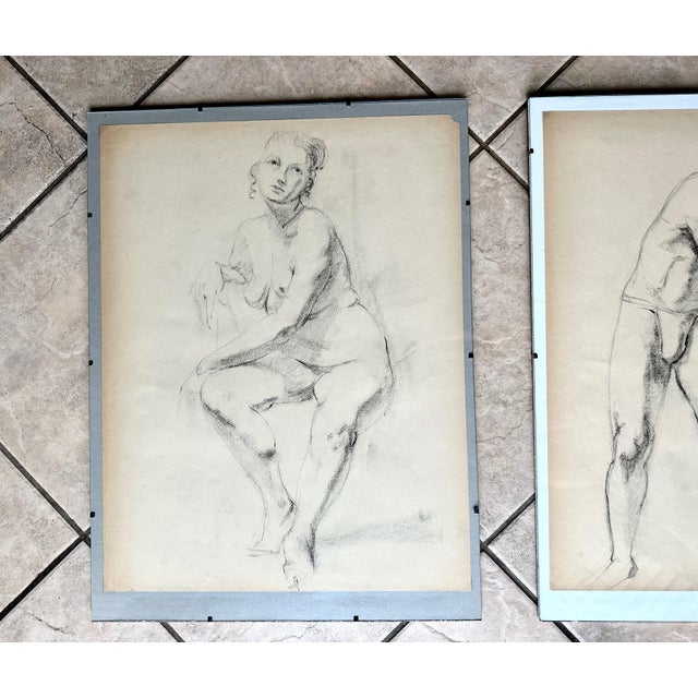 Pair Mid-Century Nude Man & Woman Drawings For Sale - Image 9 of 14