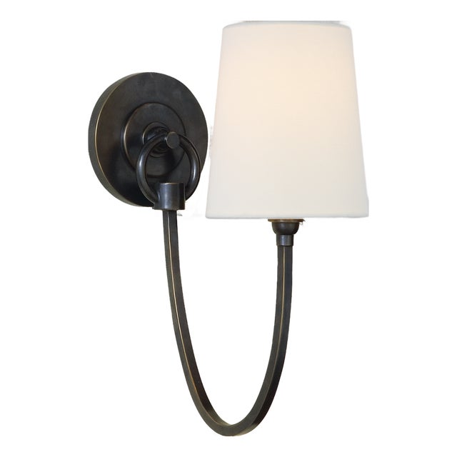 Thomas O'Brien for Visual Comfort Signature Reed Single Sconce in Bronze with Linen Shade For Sale