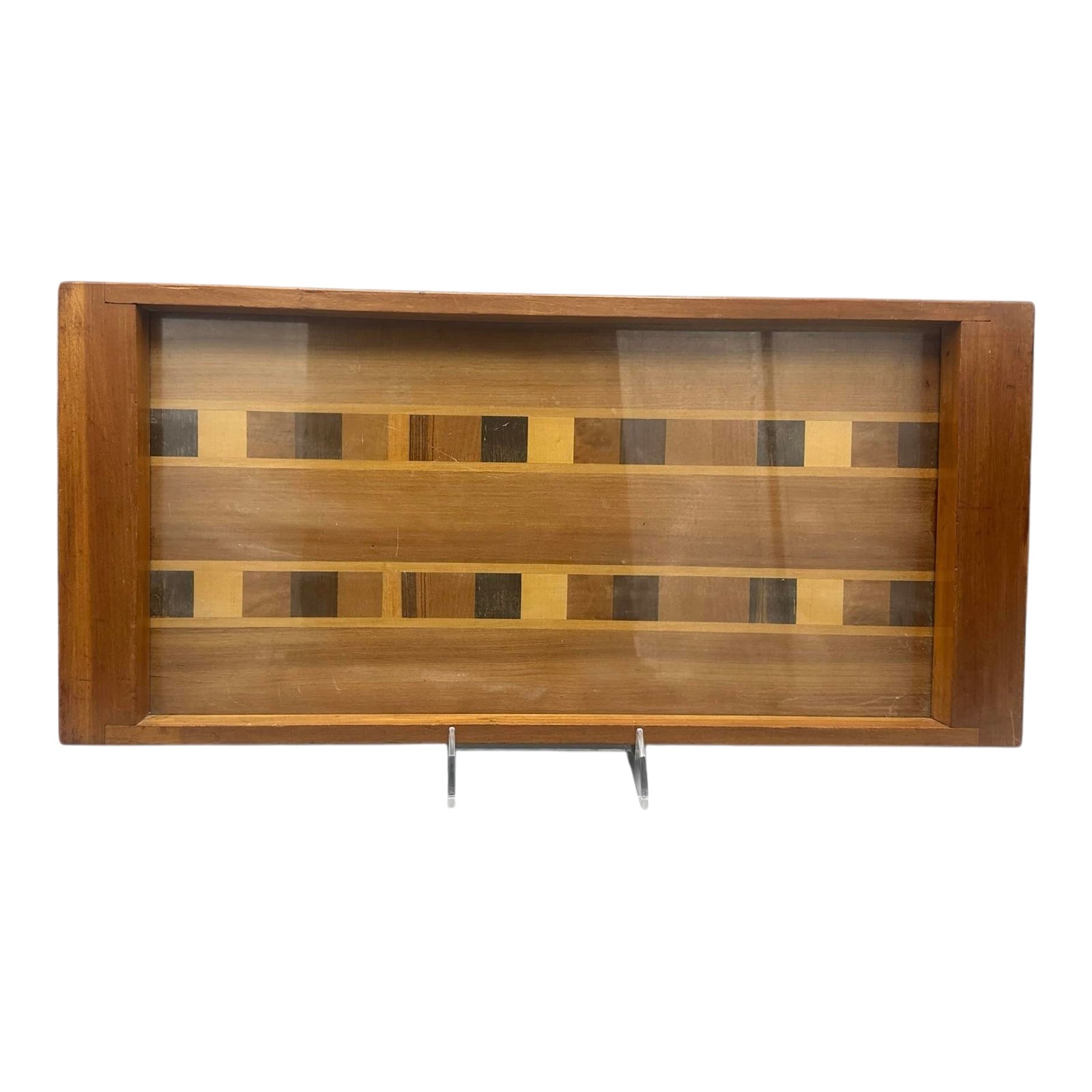 1960s Danish Modern Wood Inlay, Tile Design Acrylic Covered Base | Chairish