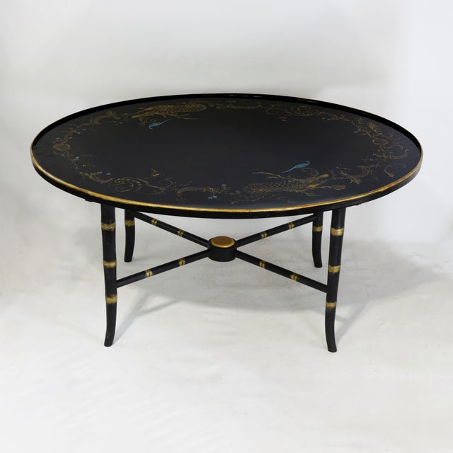 Pair of Vintage Black Lacquer Chinoiserie Coffee Table – Oval Gilt Peacock and Floral Motif Cocktail Table For Sale - Image 14 of 14