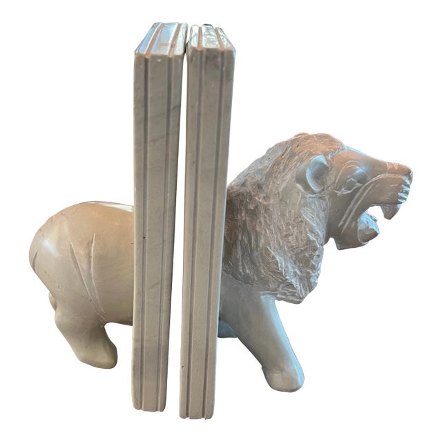 Vintage Carved Stone Lion Bookends For Sale