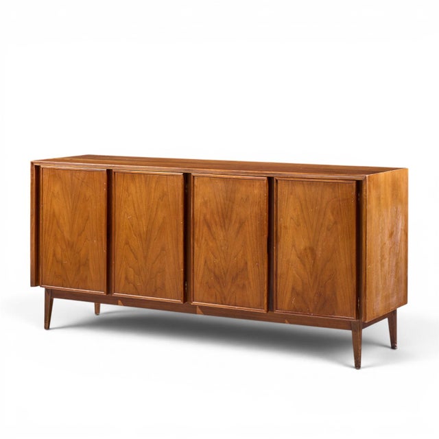 Mid 20th Century Merton Gershun for American of Martinsville Mid Century Walnut and Cane Credenza and Hutch For Sale - Image 5 of 13