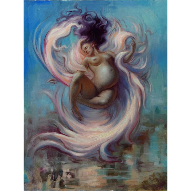 Anthesis by Tenaya Sims | Oil Painting of a pregnant woman surrounded by flowing colors For Sale