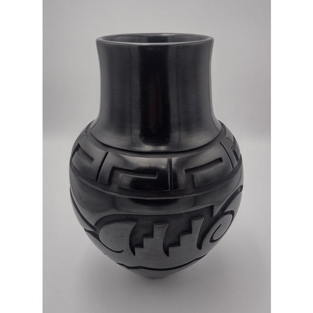 Contemporary Signed Sherry Tafoya Santa Clara Pueblo Monumental Carved Blackware Avanyu Vase For Sale - Image 3 of 8