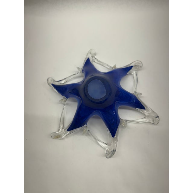 Glass Vintage Murano-Style Hand-Pulled Blue and Clear Art Glass Dish For Sale - Image 7 of 8