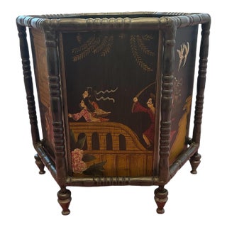 Vintage Metal Chinoiserie Waste Paper Basket For Sale