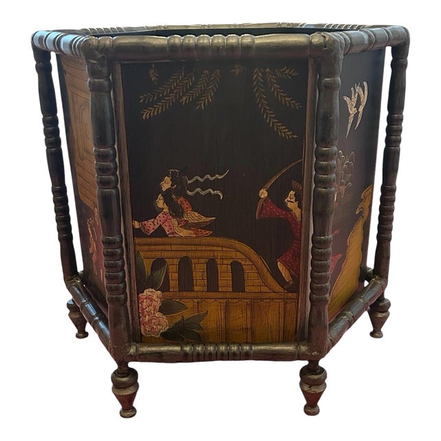 Vintage Metal Chinoiserie Waste Paper Basket For Sale