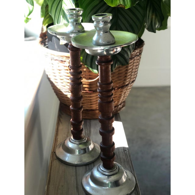 Late 20th Century Vintage Mexican Wood & Aluminum Tall Candlestick Holders For Sale - Image 5 of 9
