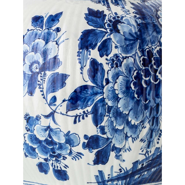 Large Blue and White Hand-Painted Table Lamp with New Terracotta Silk Lampshade from Royal Delft, 1948 For Sale - Image 12 of 16