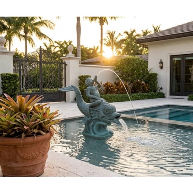 1970s Large Classical Verdigris Bronze Cherub & Dolphin Fountain For Sale - Image 12 of 12