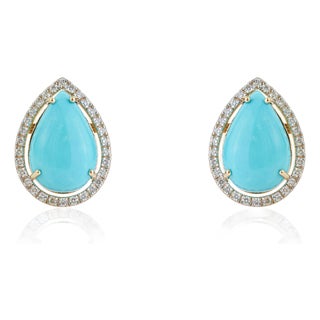 8.88ct Sleeping Beauty Turquoise Solitaire Halo Diamond 14k Gold Earrings- A Pair For Sale
