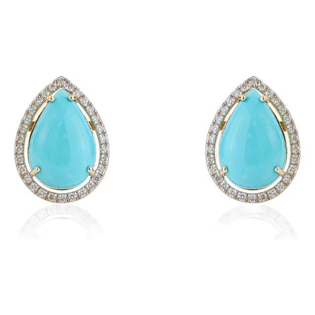 8.88ct Sleeping Beauty Turquoise Solitaire Halo Diamond 14k Gold Earrings- A Pair For Sale