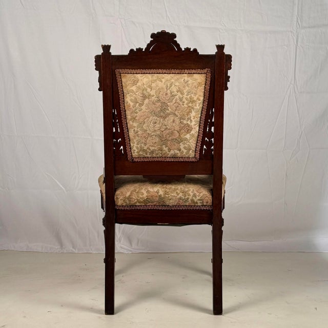 Set of 4 Intricately Carved Eastlake Movement Victorian Dining or Game Chairs, Early 20th Century For Sale In Los Angeles - Image 6 of 11