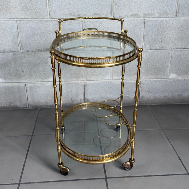 Vintage Brass Glass Food Cart in the style of Maison Jansen, 1960s For Sale - Image 3 of 15