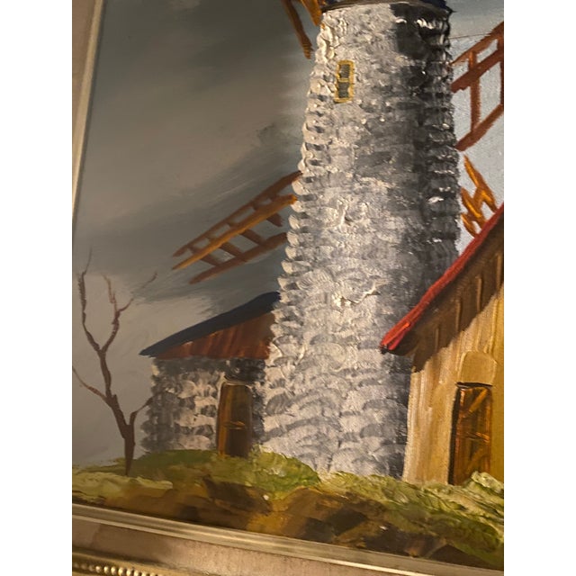 Mid-20th Century Windmill & Cottage Landscape Oil Painting on Canvas - Framed & Signed For Sale In Miami - Image 6 of 12