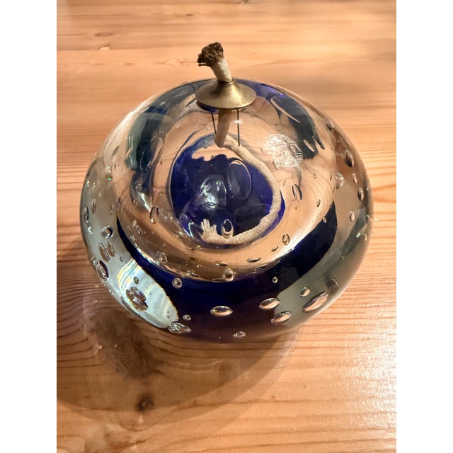Vintage Cobalt Blue Bullicante Art Glass Sphere Oil Lamps – A Pair For Sale - Image 4 of 4