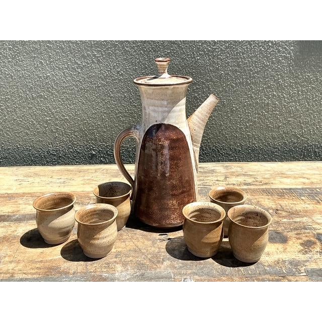 Mid-Century Modern Vintage Original Studio Pottery Tall Teapot With Cups For Sale - Image 3 of 12