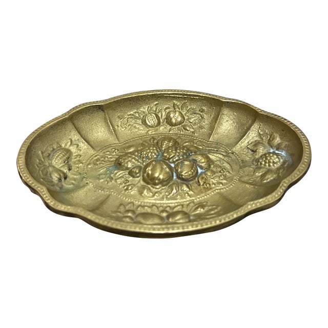 Vintage Brass Trinket or Jewelry Dish Featuring an Ornate, Embossed (Repoussé) Fruit and Vegetable Motif For Sale