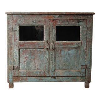 Distressed Teal & Red Painted Sideboard Glass-Front Storage Cabinet For Sale