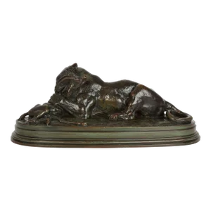 French Antique Bronze Sculpture "Tiger Devouring Gazelle" by Antoine-Louis Barye