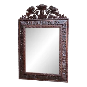 Antique French Pier Wall Mirror Renaissance Black Forest Lion Crest Carved Oak C1880