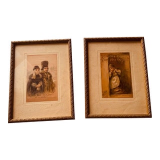 Antique Folk Art Print Pair, Giltwood Frames, c.1890 For Sale